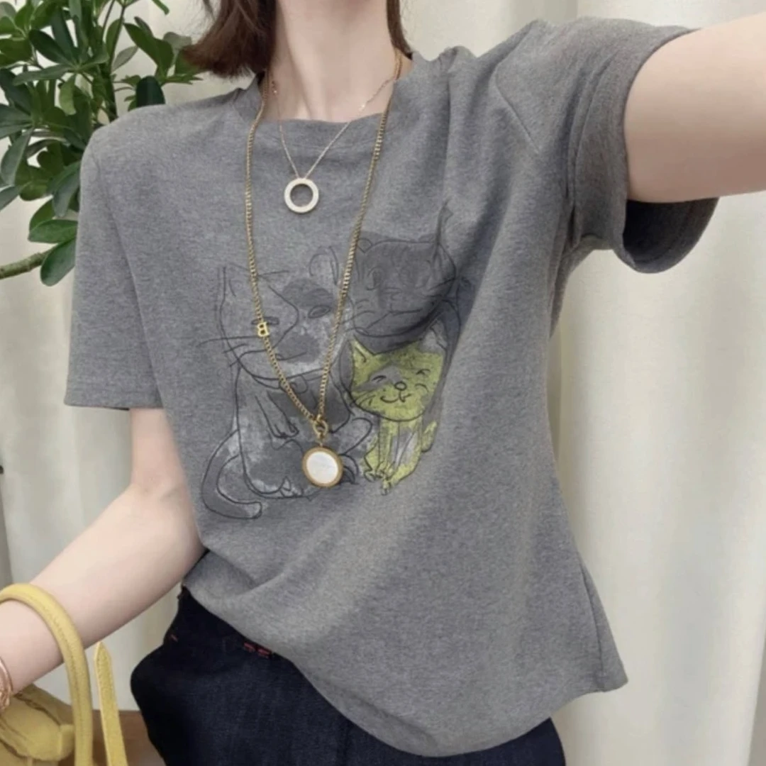 【三只猫】新款韩版休闲百搭修身时尚女卡通猫咪圆领打底短袖T恤
