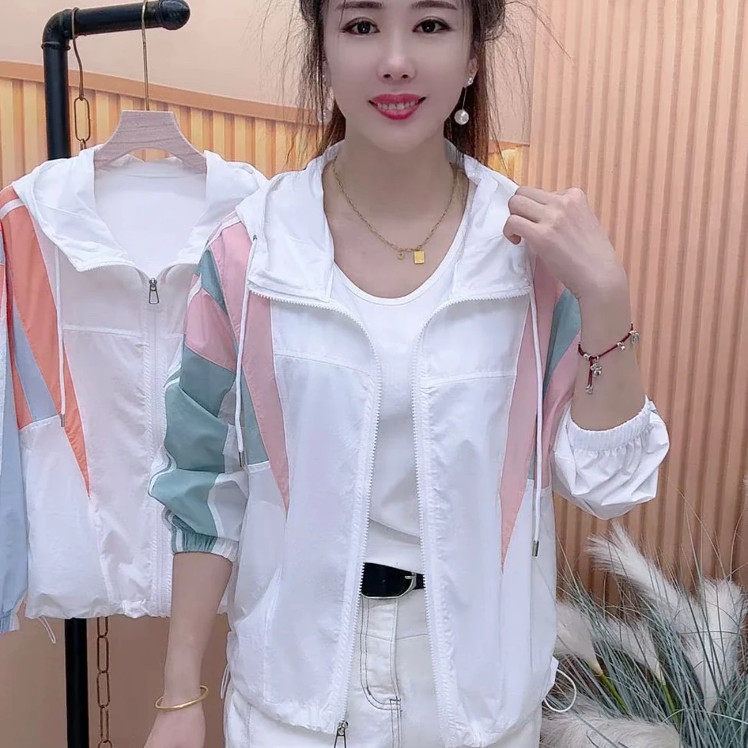 2025四面弹力防晒衣气质拼色帽百搭时尚显瘦宽松透气拼接撞色外套