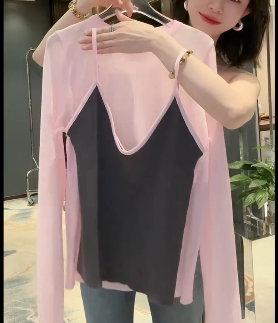 2025新款长袖上衣+吊带背心两件套遮肉显瘦百搭女