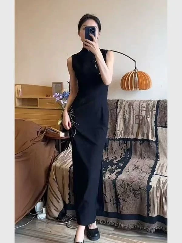 连衣裙旗袍气质夏季黑色复古修身吊带