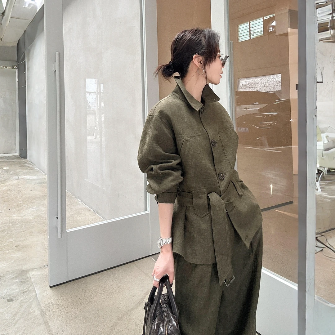 老钱风亚麻套装女秋季2025新款设计高级感翻领夹克外套长裤两件套