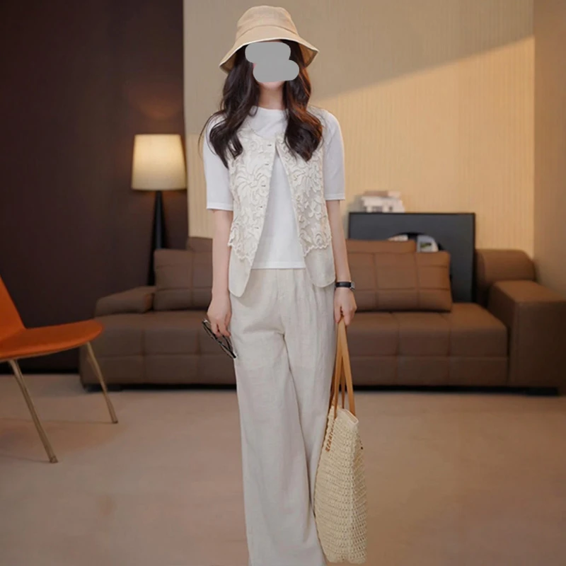 新中式国风提花马甲T恤阔腿裤三件套女夏季法式温柔系文艺套装