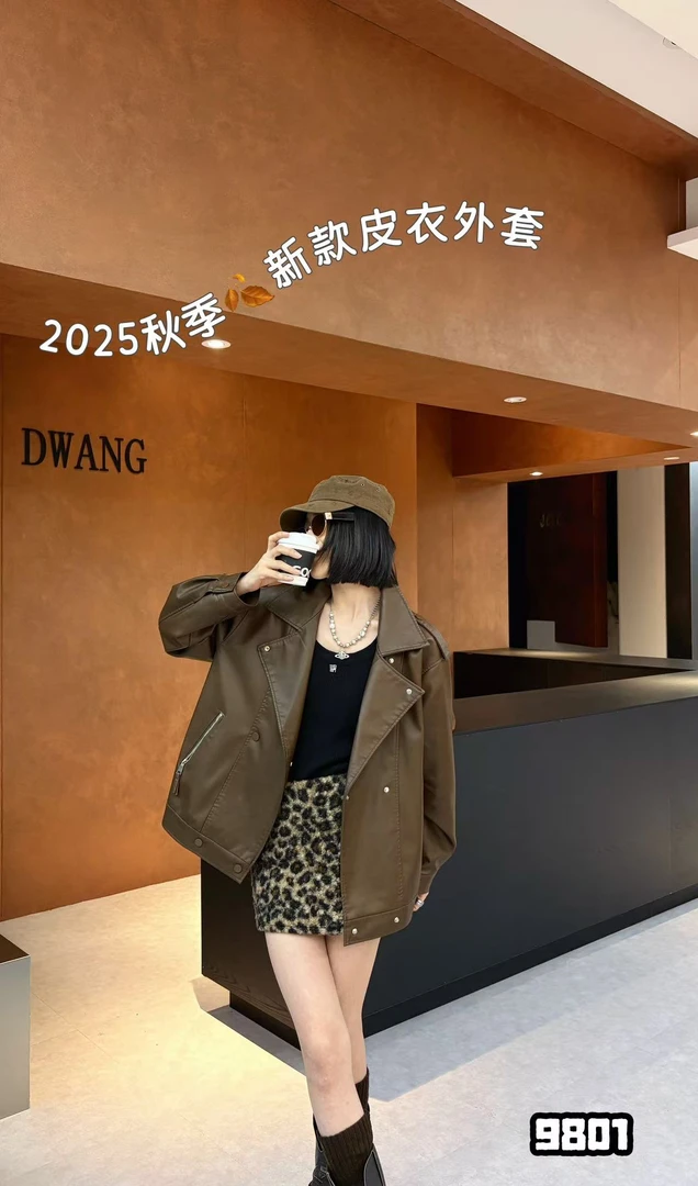 2025秋季新款时尚百搭宽松韩版休闲港风潮流复古女士皮衣外套9801