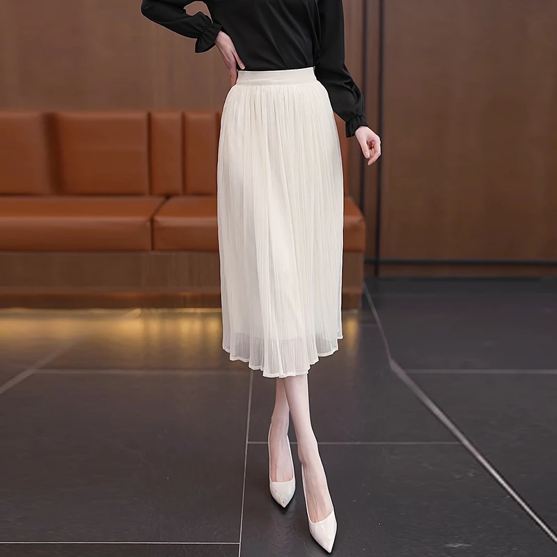 网纱半身裙女2025春夏新款高腰显瘦垂感时尚Aa字中长款气质百褶裙