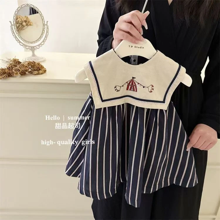 韩国2025新款连衣裙复古洋气夏季小女孩海军领宝宝条纹无袖背心裙