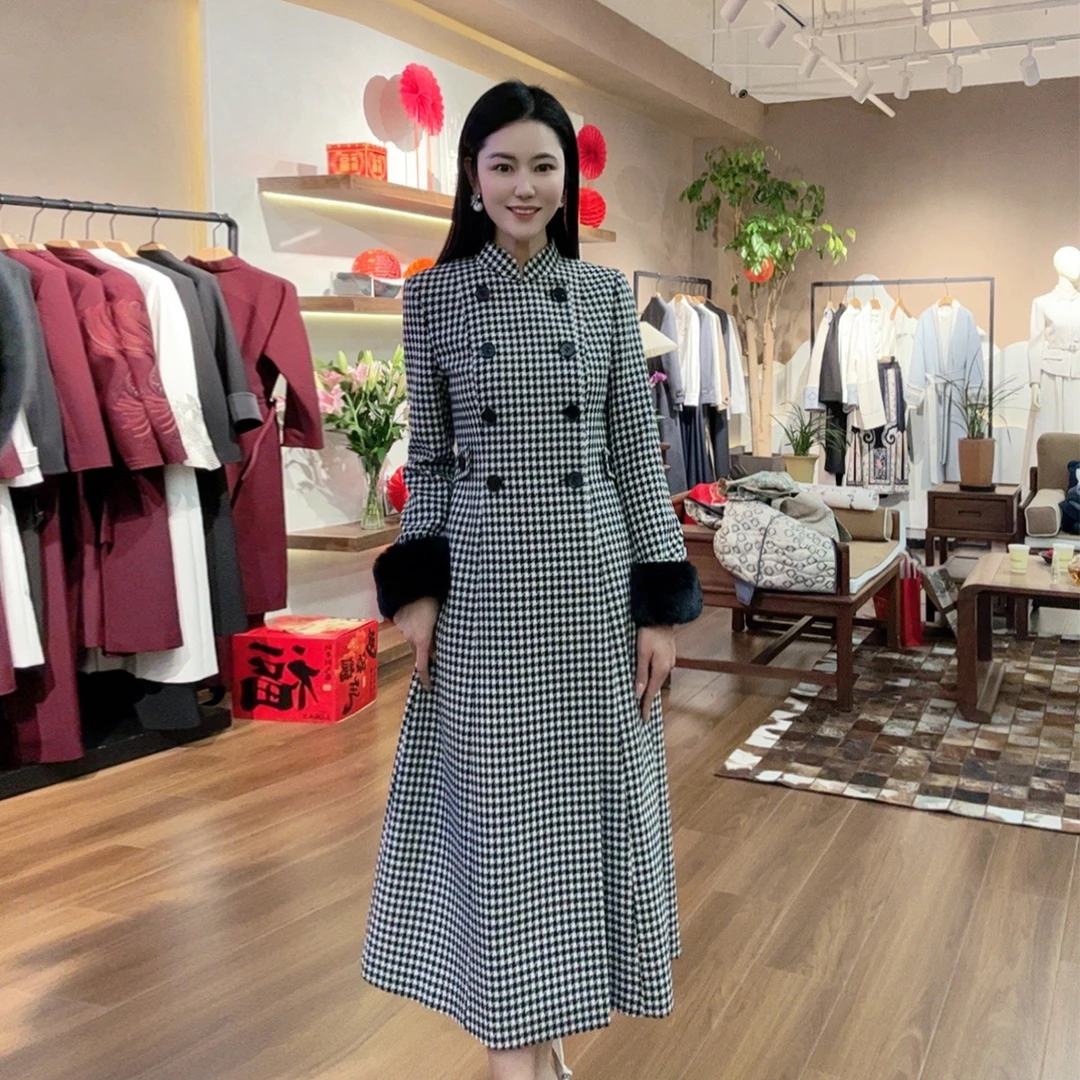 绵羊毛中式千鸟格收腰显瘦气质立领福韵相连战袍连衣裙HASS020007