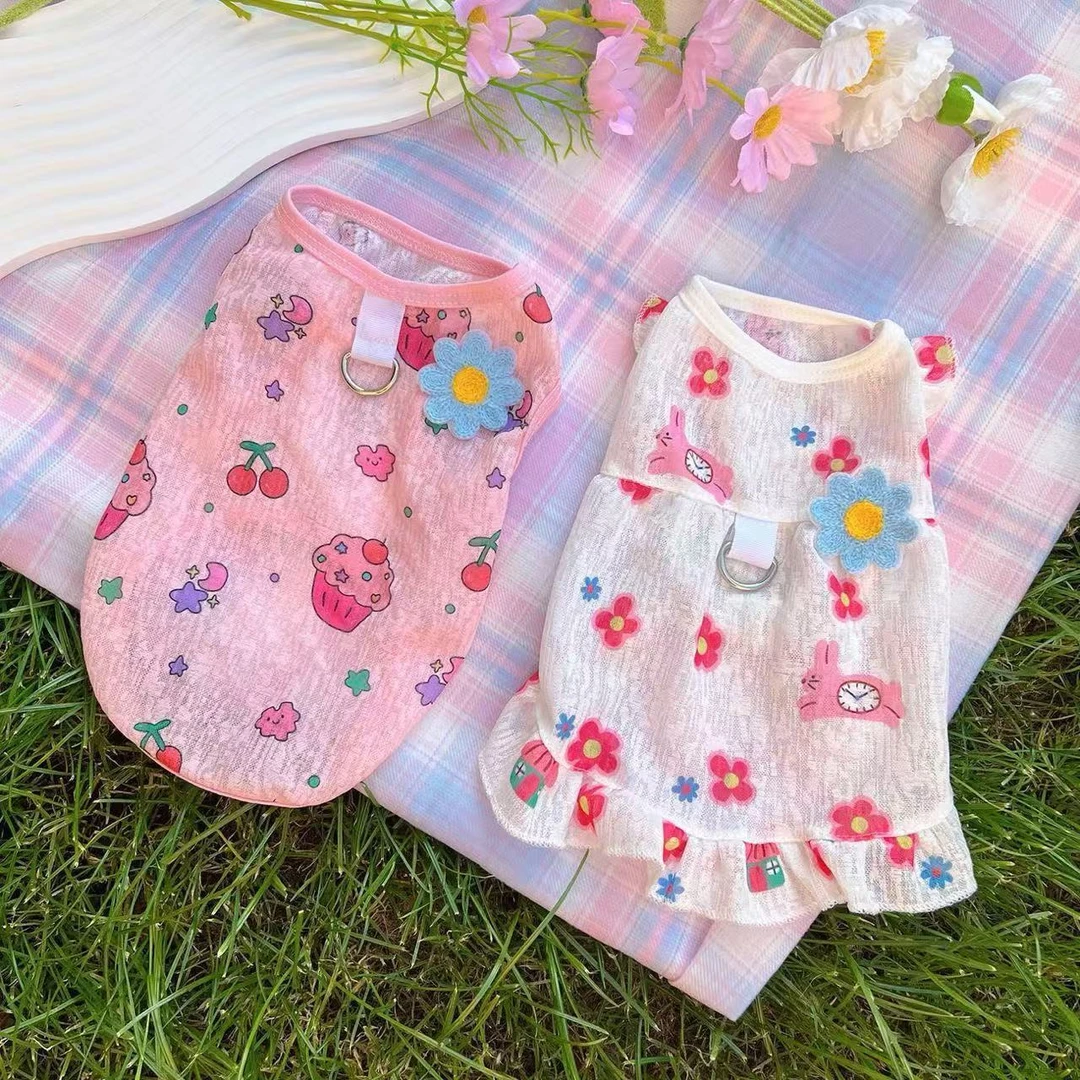 ins风可牵引网纱背心裙子宠物狗狗猫咪衣服夏款凉快情侣装凉凉衣