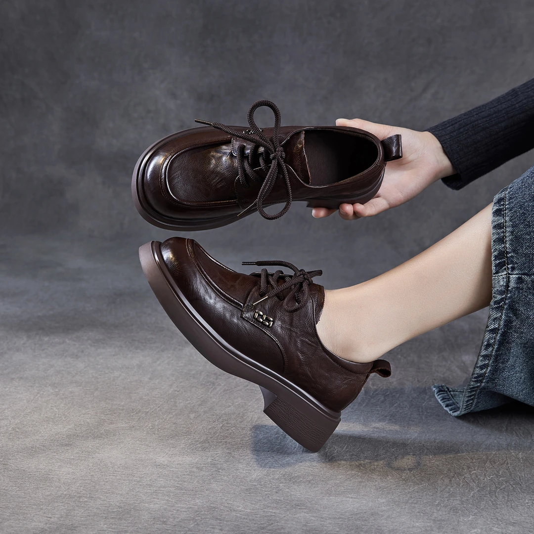 【卡卡定制】头层牛皮秋季系带单鞋手抓纹圆头乐福鞋厚底黑色女鞋