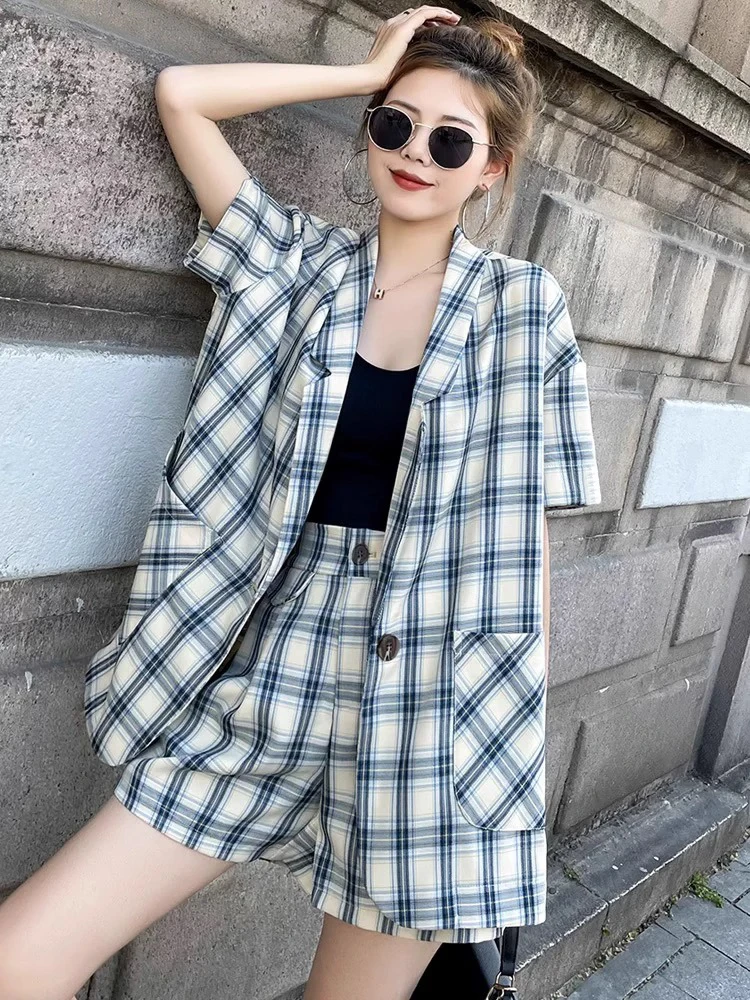 夏季薄款西装+短裤两件套韩版格子宽松衬衫女2025新款爆款洋气