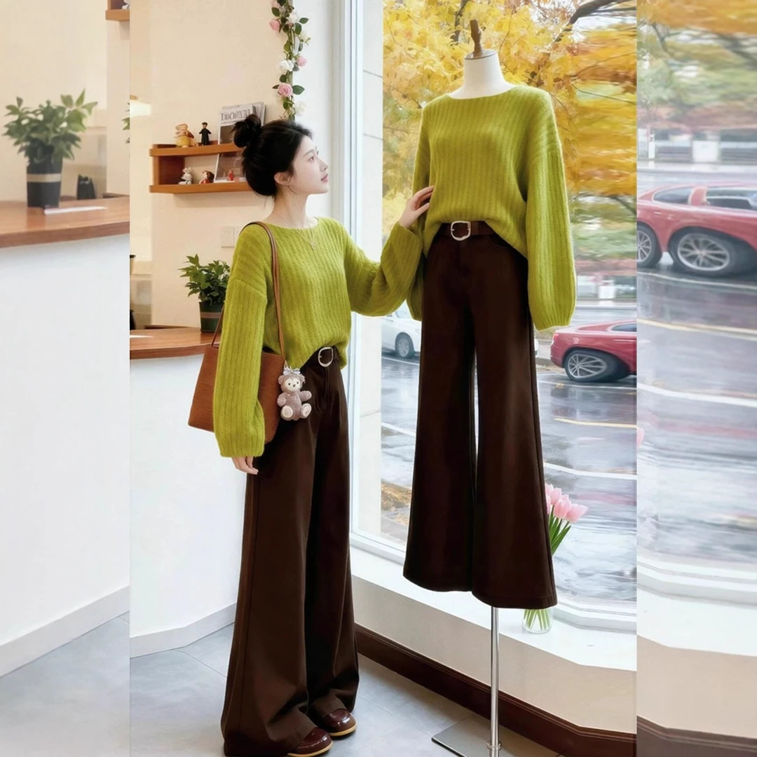 秋冬巨好看的多巴胺慵懒感减龄休闲韩系绿色针织衫阔腿裤两件套女