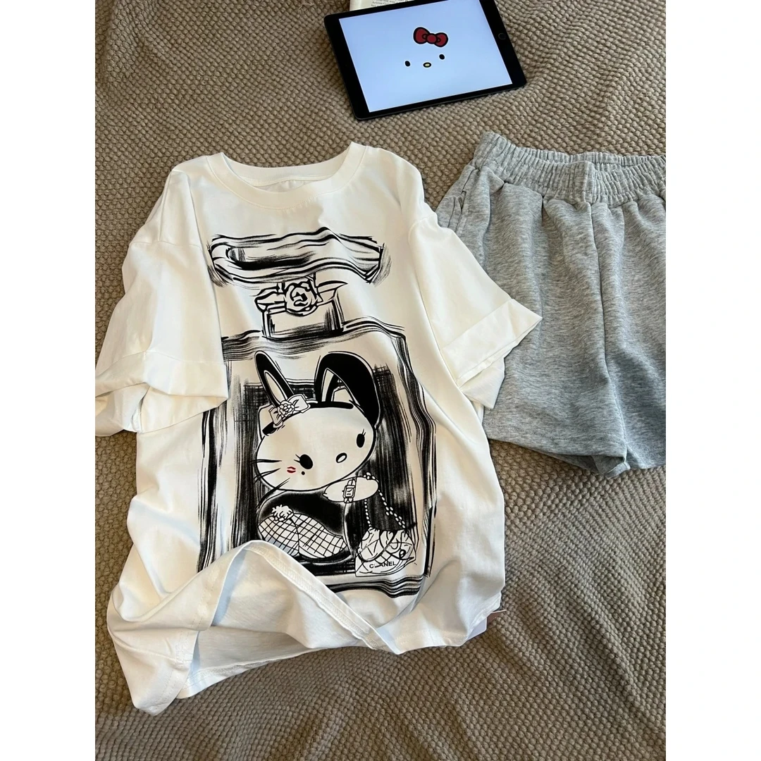 少女kitty可爱甜美卡通短袖T恤睡衣女夏季休闲宽松家居服套装