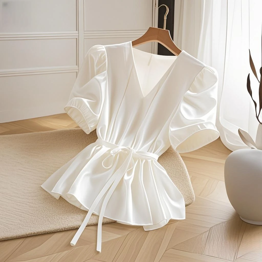 仙气飘飘白色v领衬衫女夏2025轻奢气质高级感漂亮小衫小清新上衣