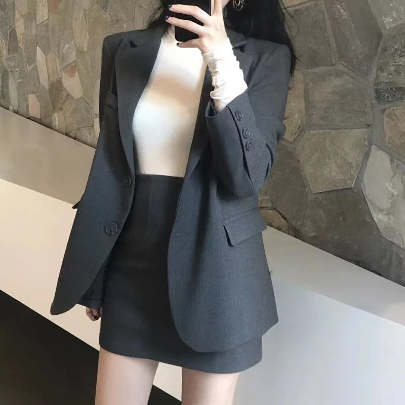 韩版ins2023春秋修身小西服套装女 西装领上衣高腰半身短裙两件套
