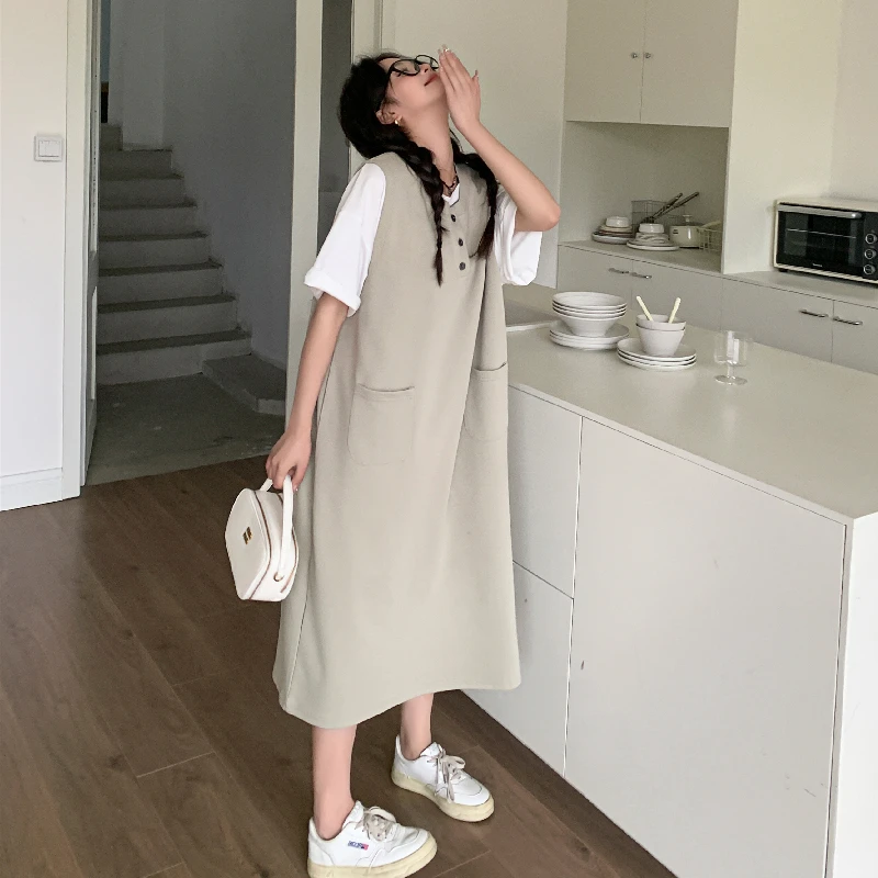 港风显瘦时尚中长款休闲连衣裙减龄夏季裙子假两件宽松潮流韩版