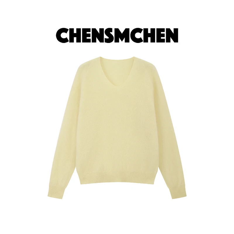 CHENSMCHEN 绵羊毛纯色V领长袖针织衫女舒适慵懒感上衣CSZ7133MX