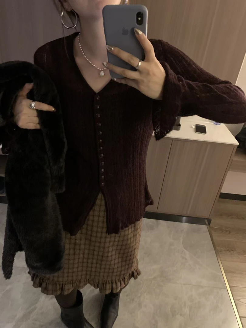 the white｜正品韩代「那白」紫色针织上衣气质百搭设计感