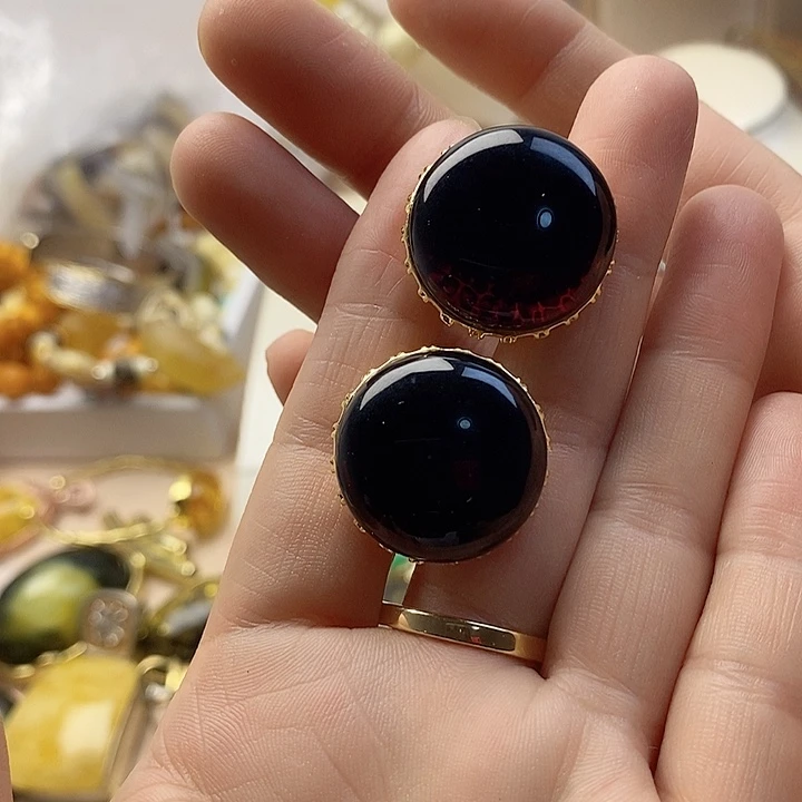 银S925镶嵌血珀耳饰血珀耳钉