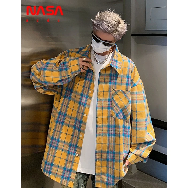 NASA ACDC美式复古黄色格子衬衫男女款春秋潮牌翻领长袖衬衣外套