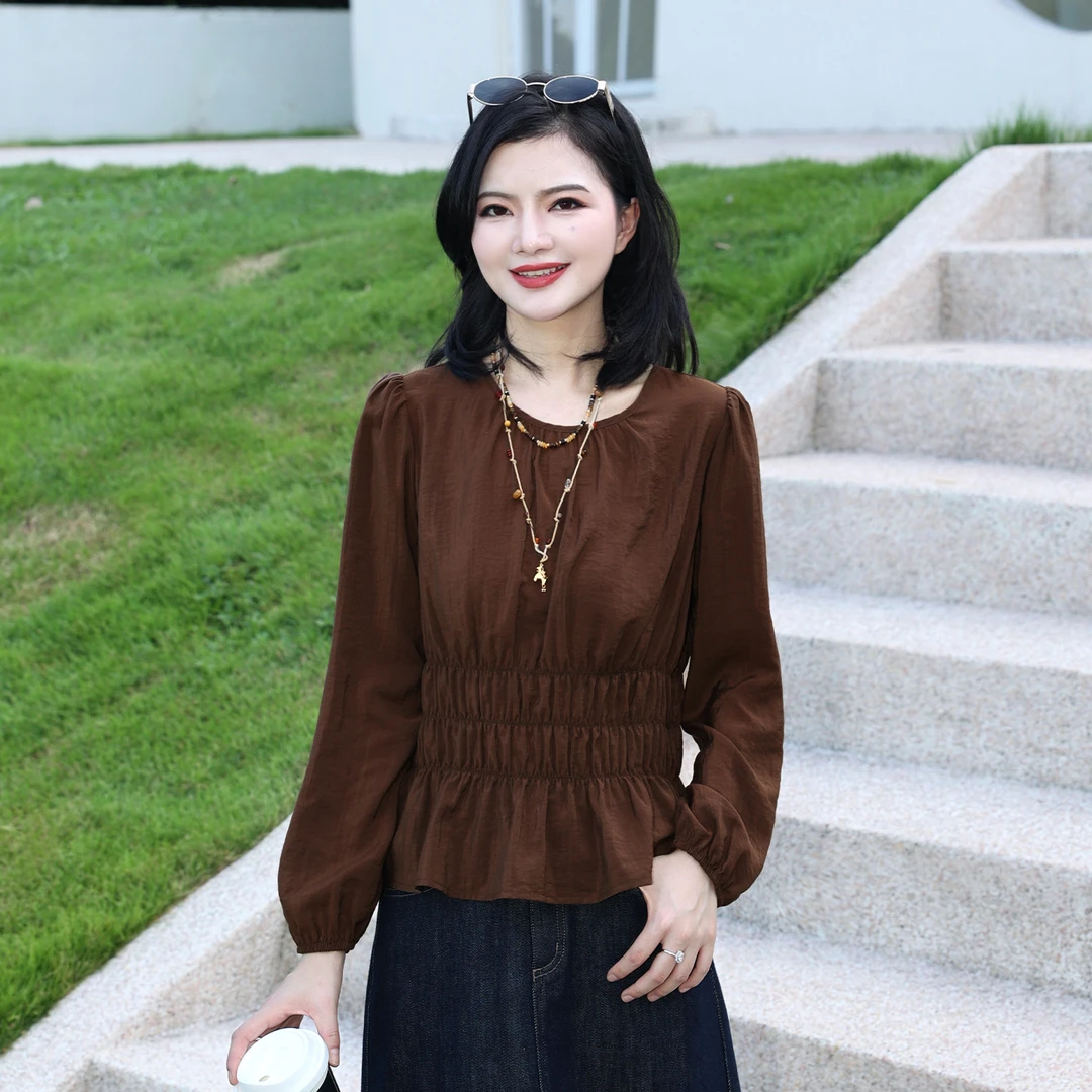 枫竺阿楠anan优雅通勤圆领压褶收腰衬衫女长袖衬衣早秋时尚穿搭