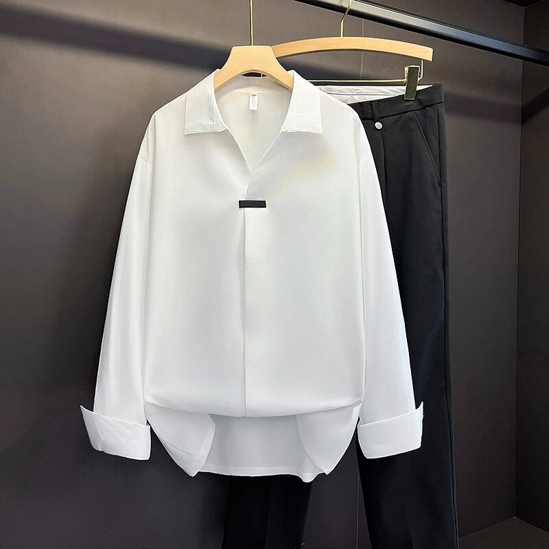 纯色简约设计高级感长袖衬衫男2025春季新款宽松休闲百搭帅气上衣