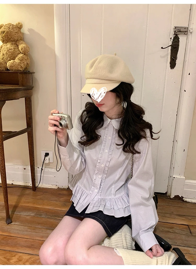 韩女法则 蓝条纹娃娃领花边衬衫