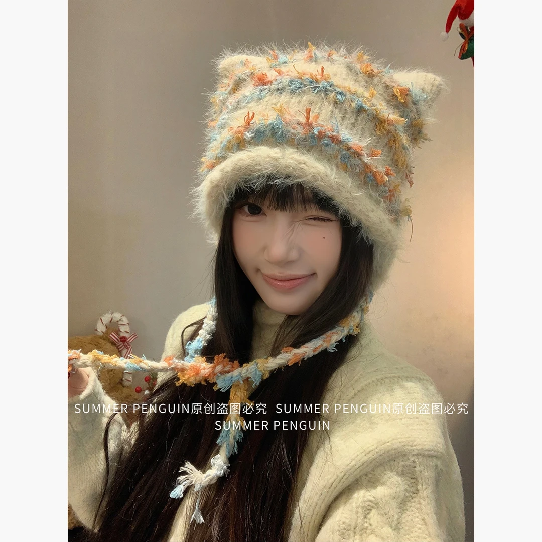 SUMMER PENGUIN猫耳彩色豆豆条纹针织帽子女秋冬季保暖护耳毛线帽