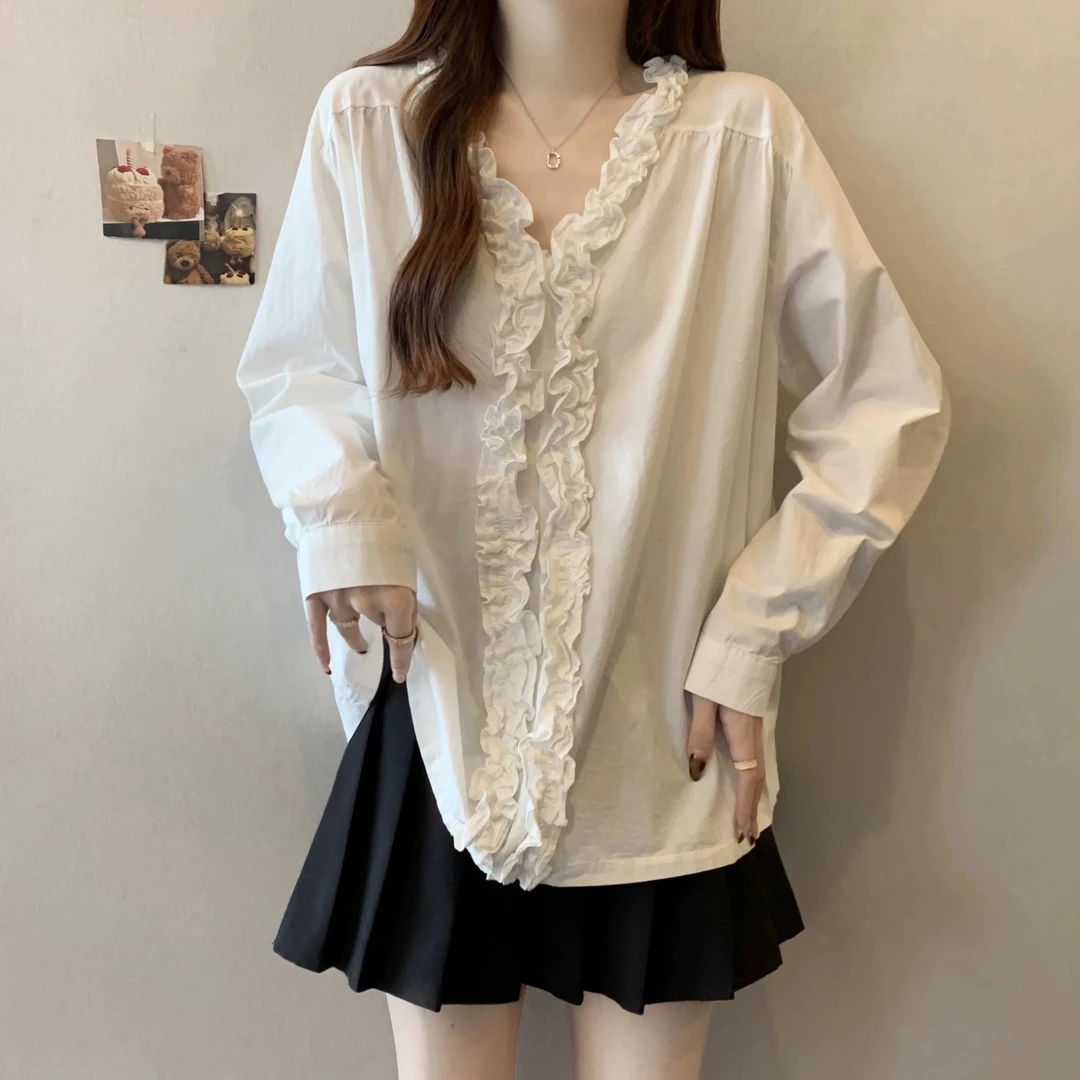 【两穿木耳边棉小衫】2025春夏新款V领宽松显瘦别致洋气均码衬衫女