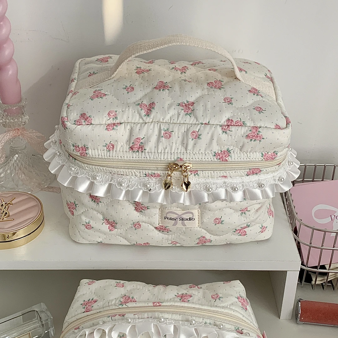 韩国进口波点玫瑰手提大容量化妆包