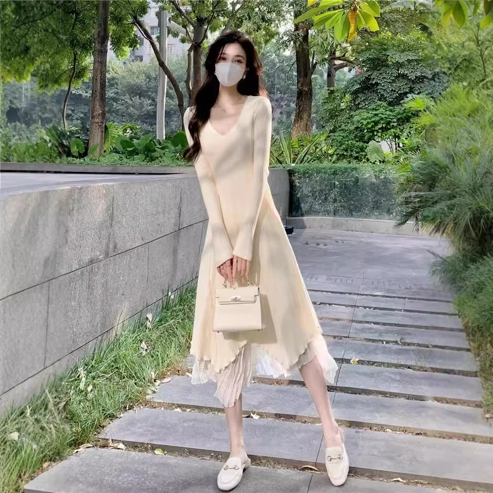 2025秋冬新款不规则拼接收腰大摆打底针织连衣裙女高冷御姐风长裙