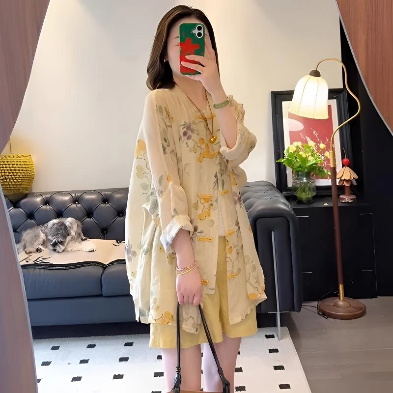 新中式国风盘扣印花睡衣女2025夏季新款宽松显瘦百搭短裤两件套装