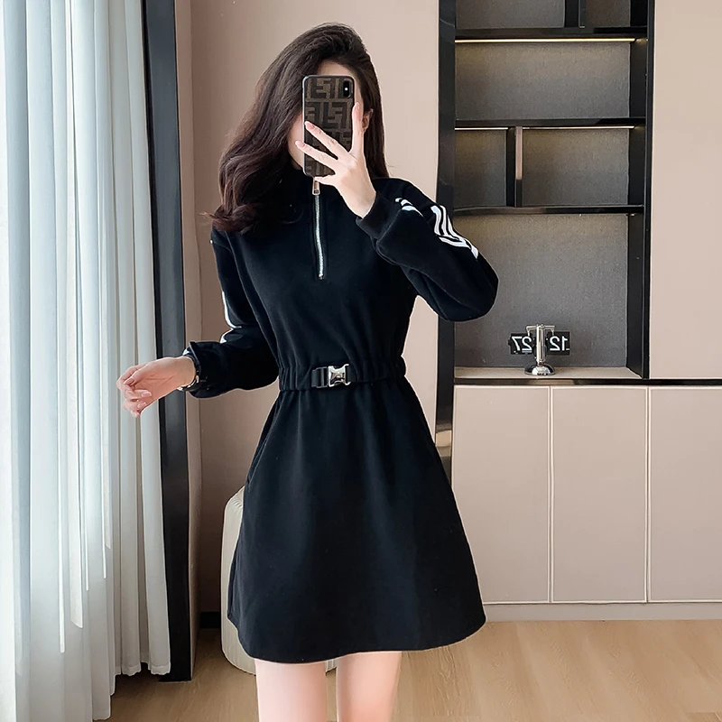 实拍2025新款韩版小个子长袖收腰卫衣裙连衣裙A字秋冬红吊带皮裙