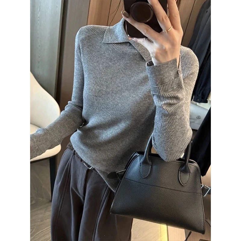 韩系翻领长袖打底针织衫女秋季毛衣秋冬修身显瘦气质通勤内搭上衣