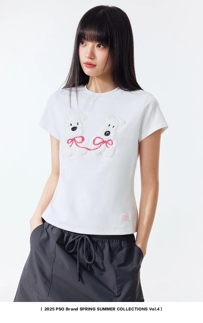 PSOBrand针织可爱贴布绣小狗宽松衣服纯棉短袖夏季欧若风女款修身