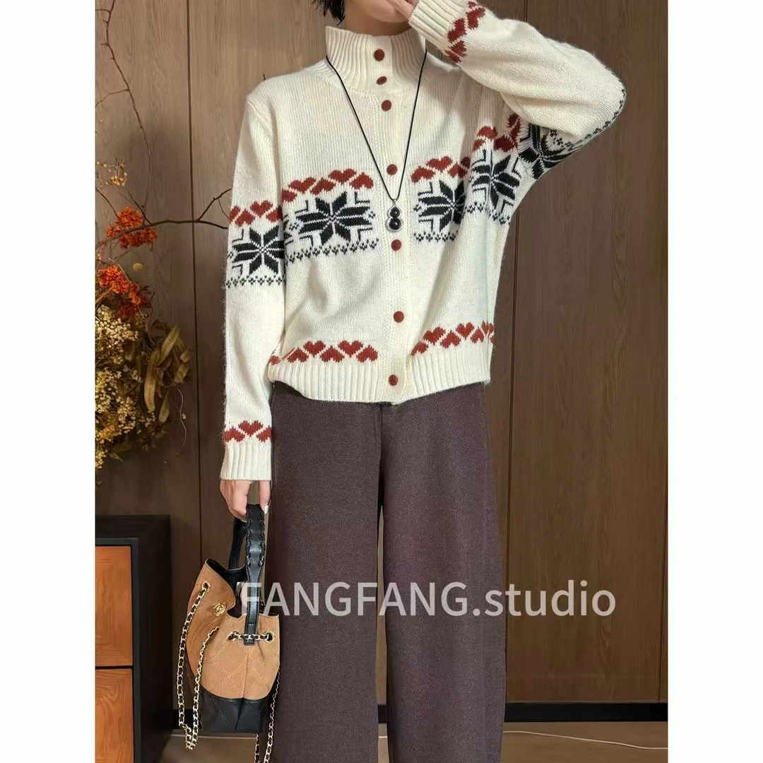 F.F女落肩袖厚款半高领针织衫百搭高领重工秋冬女士毛衣8900