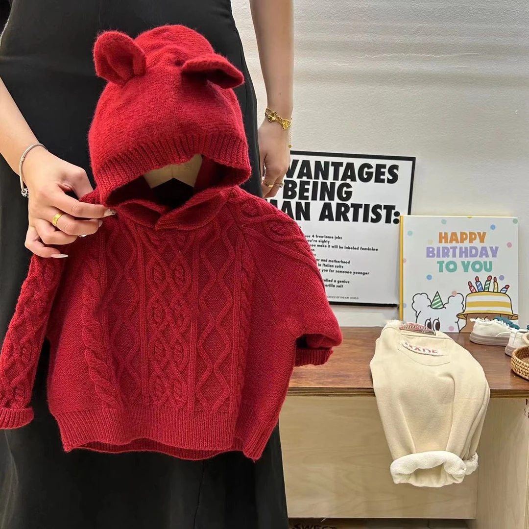 秋冬季新款女童韩版宝宝加厚针织衫洋气连帽上衣麻花红色儿童毛衣