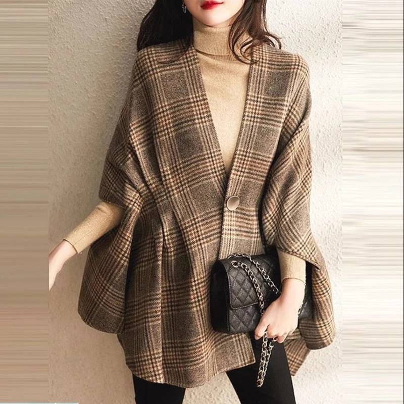 韩版宽松复古格子女装2025秋冬季新款百搭洋气披肩斗篷大衣潮