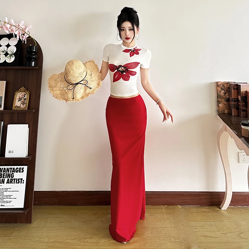 Malou她泰少女海岛度假百搭显瘦T恤 高腰长裙两件套女65676+65677