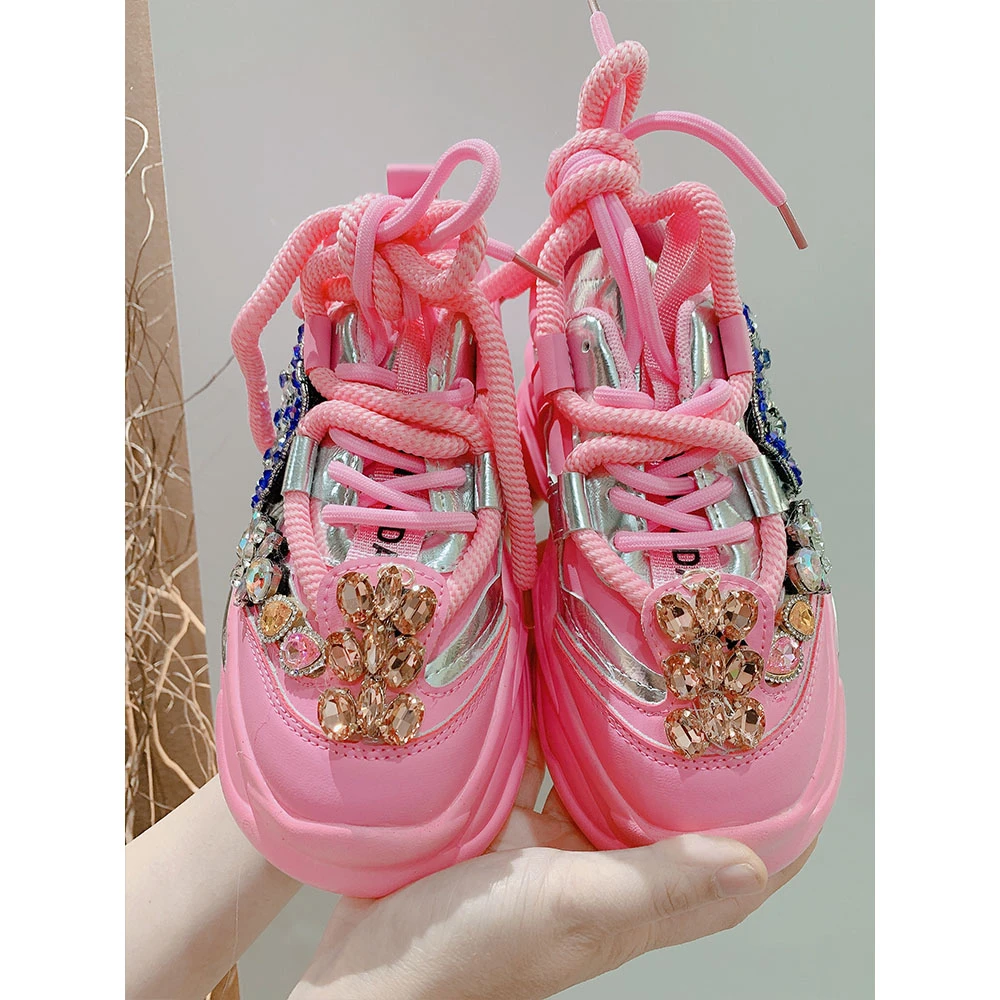 新款重工定制手工贴布洋气百搭增高休闲鞋老爹鞋女