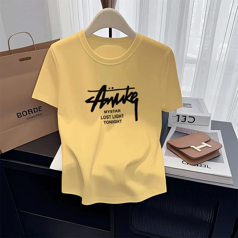 2025夏季新款正肩短袖t恤女时尚百搭洋气减龄芒果黄色上衣打底衫