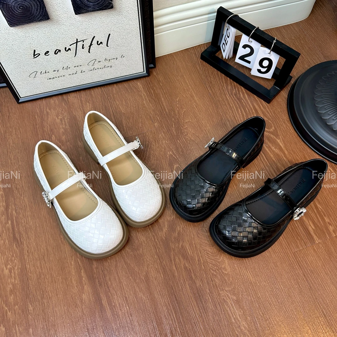FeiJiaNi/斐佳妮2025新款法式复古编织玛丽珍小皮鞋浅口百搭单鞋