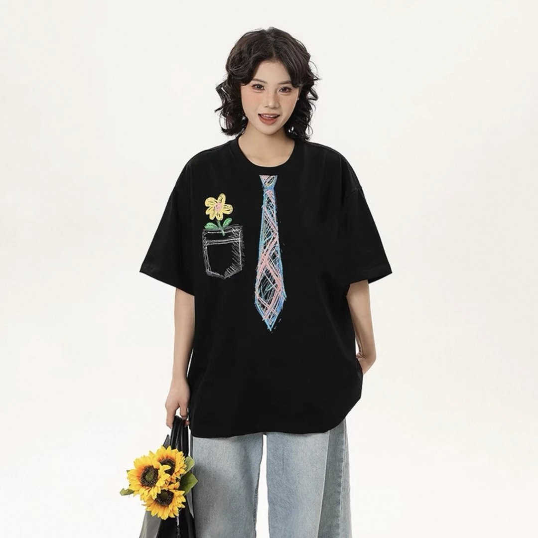 涂鸦手绘领带短袖t恤男2025新款夏季潮牌重磅半袖-TY002