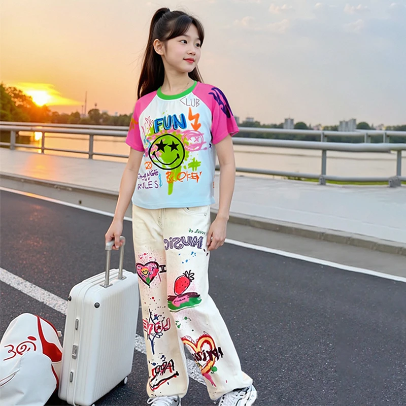 女童夏季套装韩系涂鸦短袖2025新款中大童女孩潮酷阔腿裤两件套潮