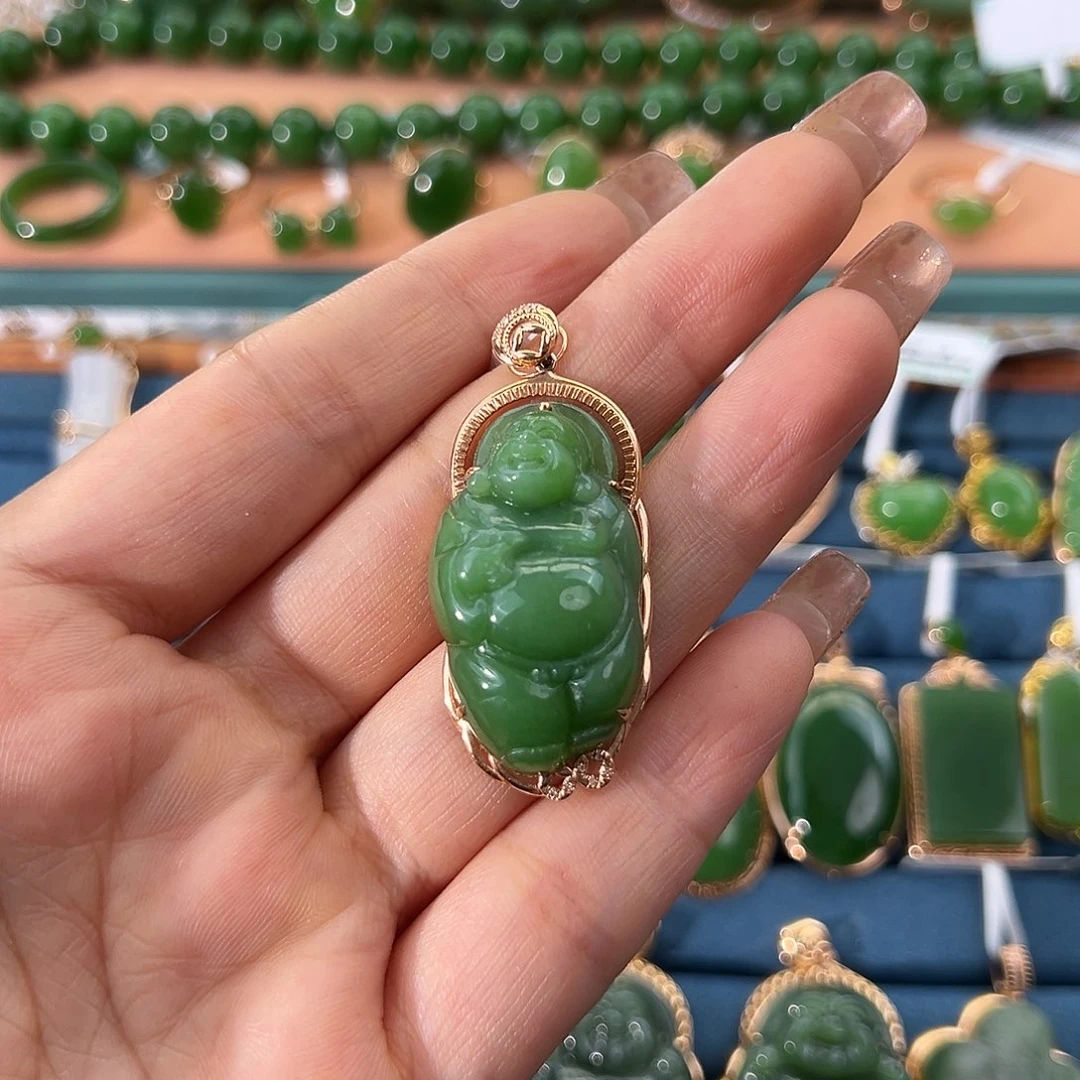 和田玉（碧玉）18K金镶嵌吊坠(不含链)