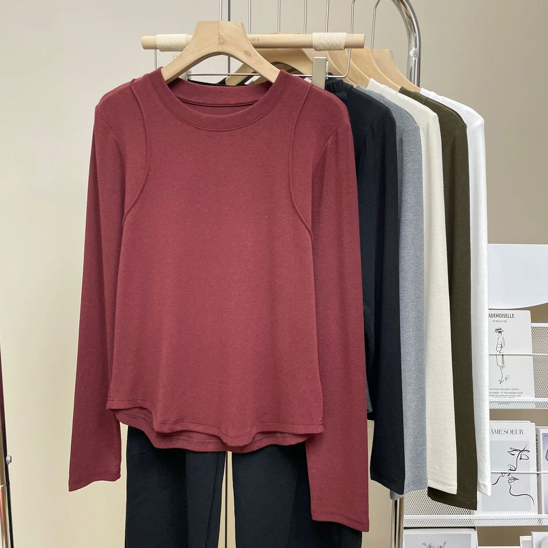 特大码200斤韩系简约显瘦圆领打底衫女秋薄款百搭修身气质长袖t恤