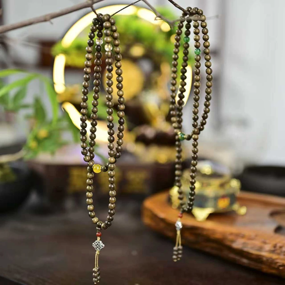 金丝楠木双圈手串阴沉木绿料8MM108颗赠送精美盘玩袋