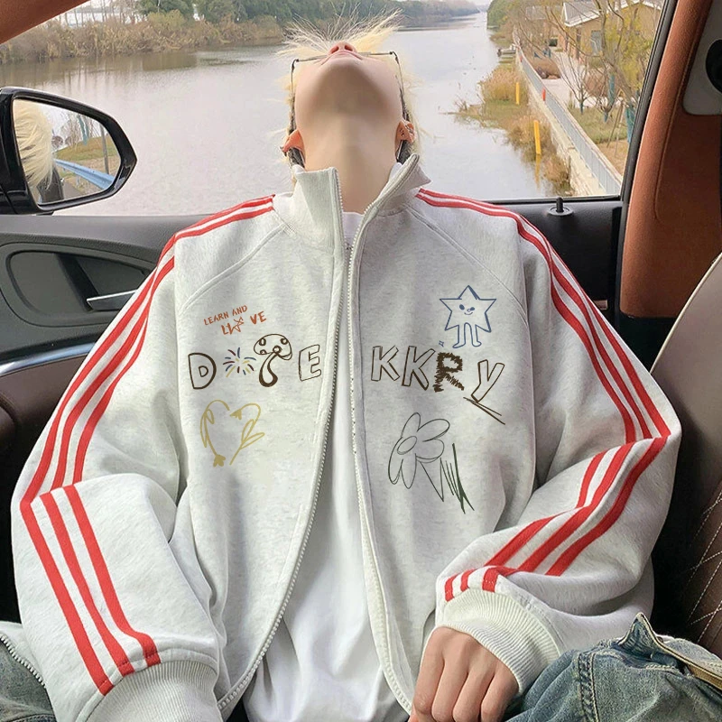 美式潮流手绘图案印花三条杠开衫拉链卫衣休闲秋冬立领情侣外套