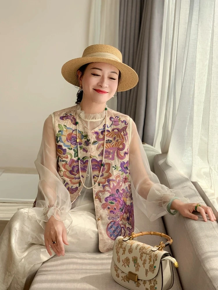 中式国风春款重工提花马夹女宽松时尚圆领盘扣新中式薄款气质马甲