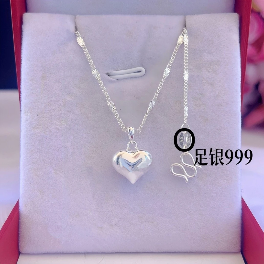 坠链均足银 999纯银项链女锁骨链百搭光面爱心足银吊坠送女友礼物