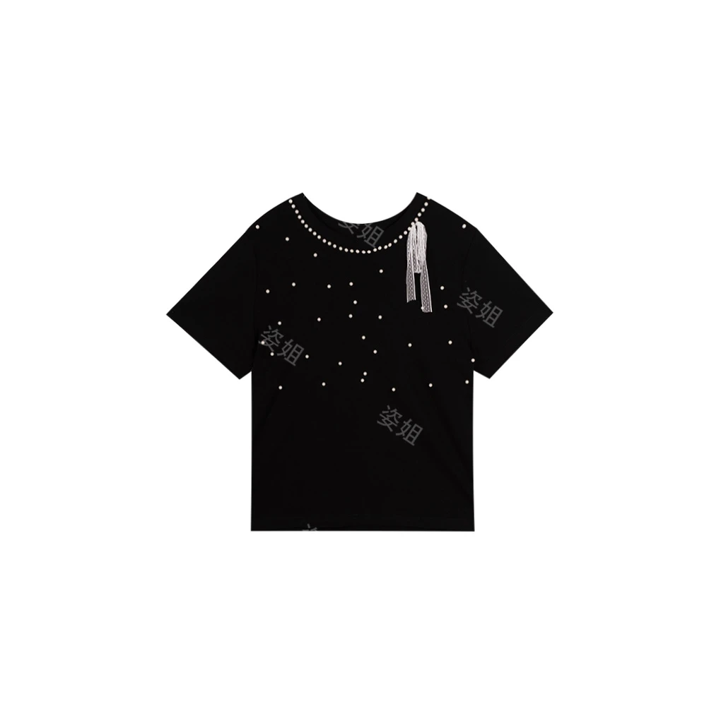 夏季重工钉珠蕾丝显瘦设计感女士时尚百搭圆领T恤-081#