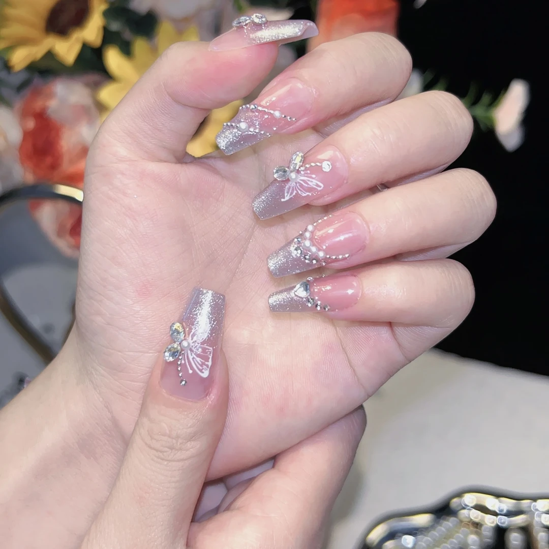 【浮梦】夏日爆闪水蜜桃色渐变手绘蝴蝶法式猫眼小钢珠纯手工穿戴甲